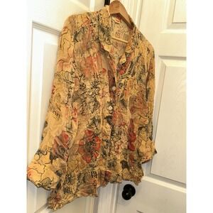 Tianello Asian crinkle blouse 100% Rayon Japanese art print Large Wearable Art